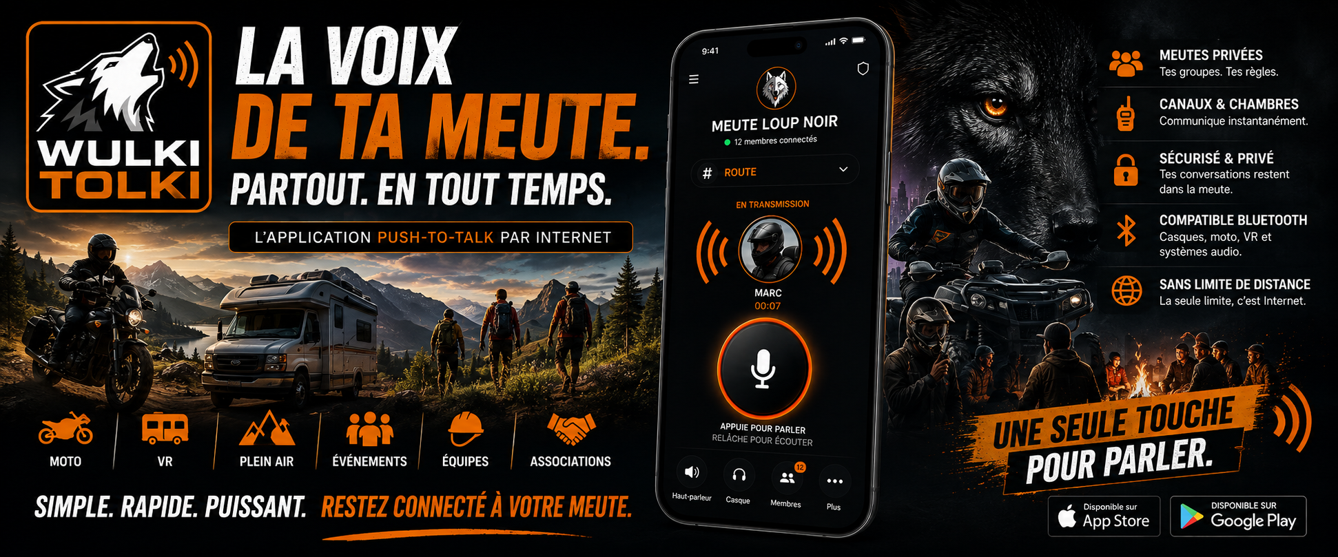 WulkiTolki, la voix de ta meute : Push-to-Talk pour moto, VR, plein air et équipes